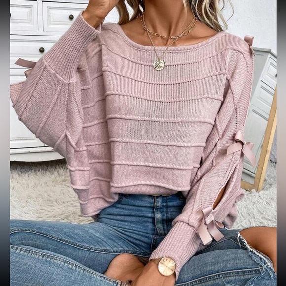 Cozy Batwing Sleeve Boat Neck Knot Detail Split Sleeve Sweater Top - Picture 7 of 7